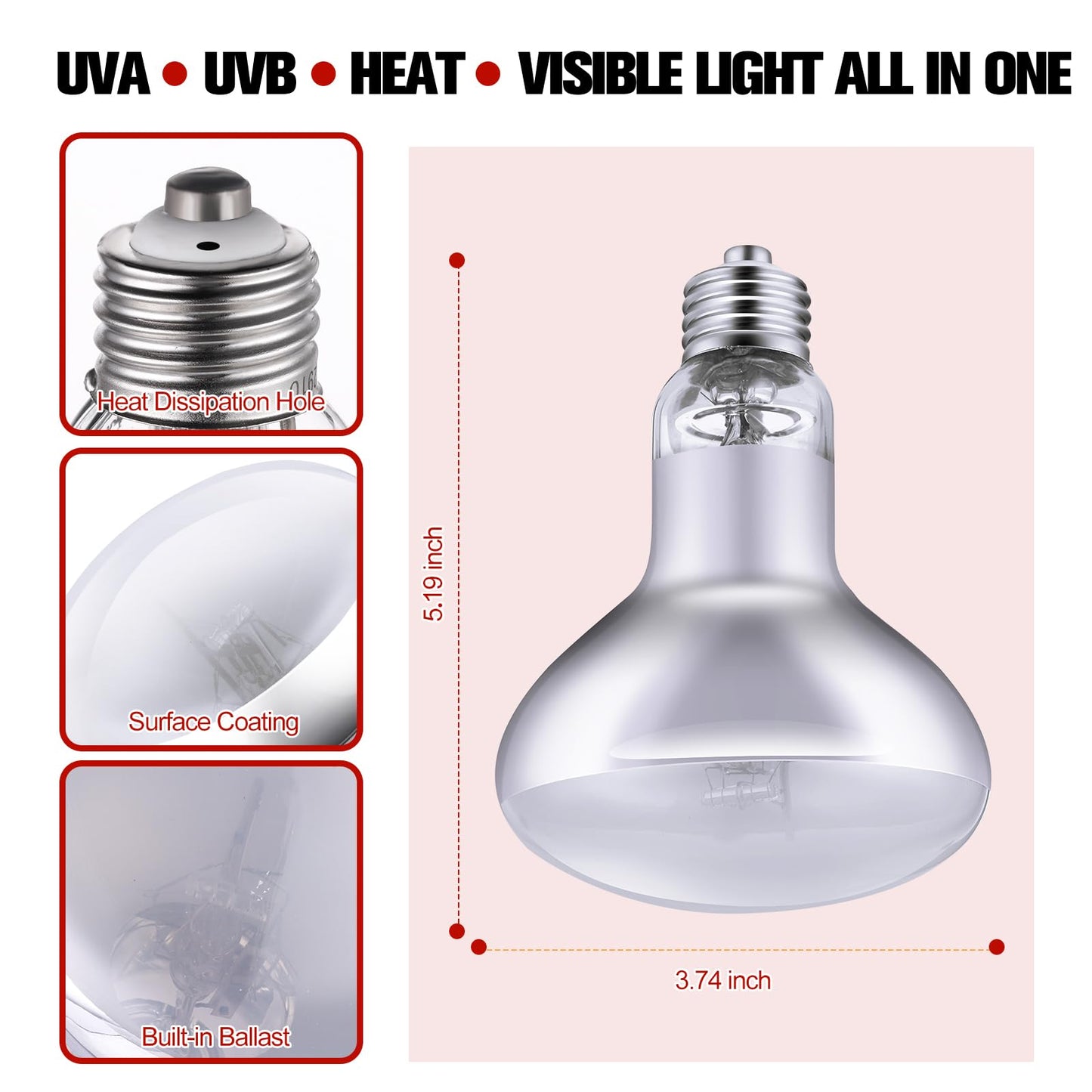 100W Reptile Heat Lamp Bulb Full Spectrum UVA UVB Reptile Light Bulb, Reptile Sun Lamp Basking Light for Bearded Dragon, Mercury Vapor Bulb for Reptiles and Amphibians